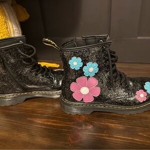 Kids Black Glitter Boots with Floral Design